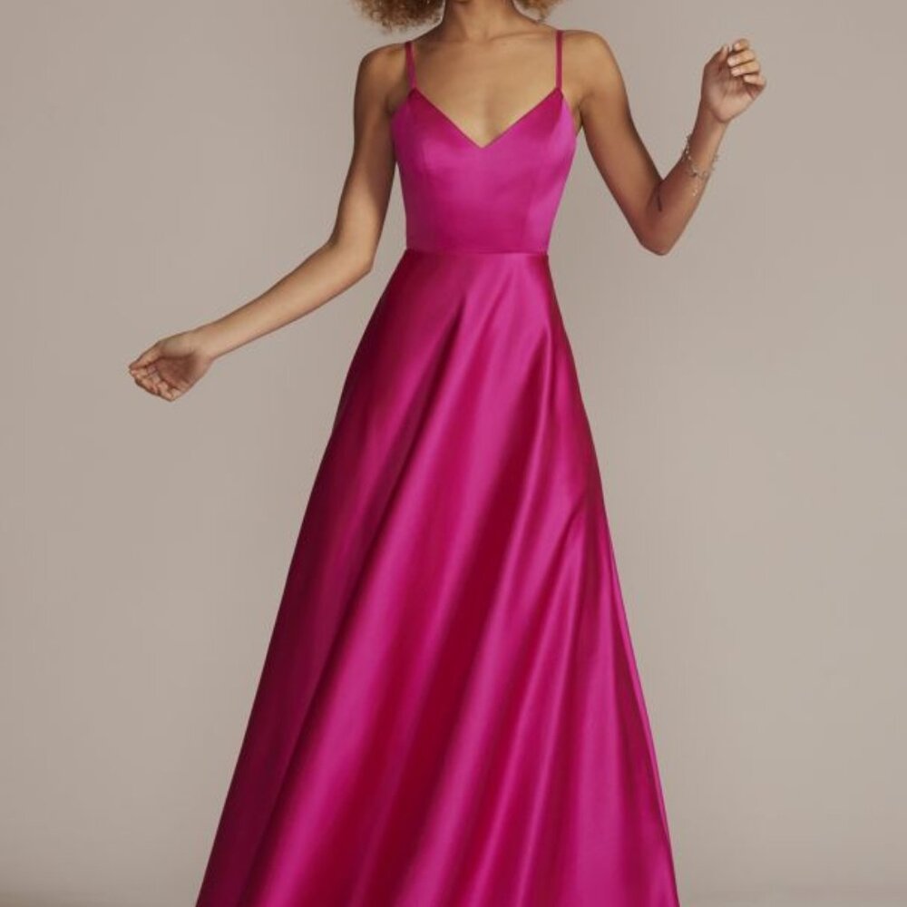 Satin Spaghetti Strap A-Line Dress, Hot Pink Size 6